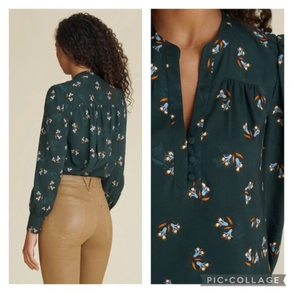 Veronica Beard Abbie Green Floral Blouse 2 Satin - Picture 2 of 10